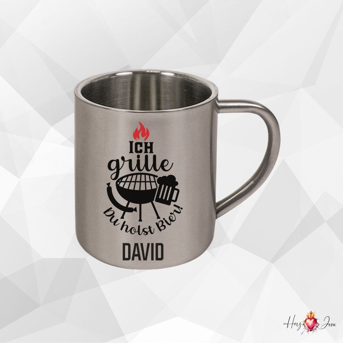 Personalisierte Edelstahl Tasse mit Namen Kaffeetasse Geschenkidee Camping Grill_018K - Herz Jesu