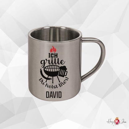 Personalisierte Edelstahl Tasse mit Namen Kaffeetasse Geschenkidee Camping Grill_018K - Herz Jesu