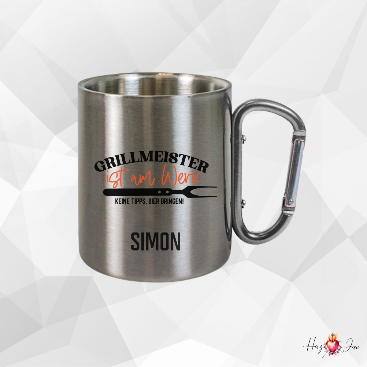 Personalisierte Edelstahl Tasse mit Namen Kaffeetasse Geschenkidee Camping Grill_018K - Herz Jesu