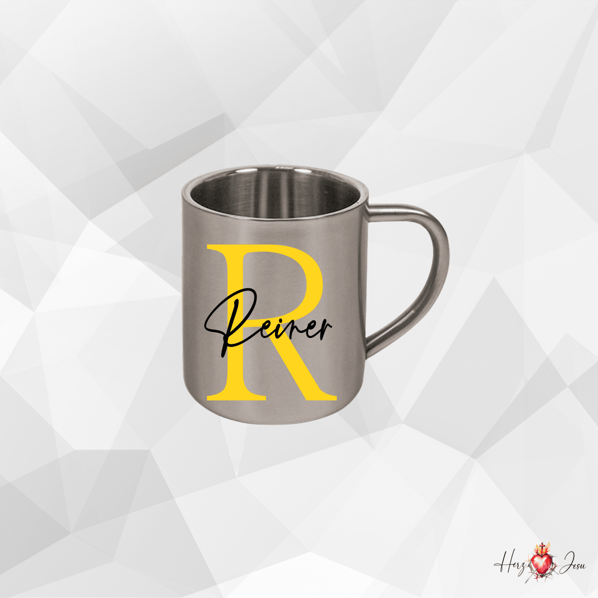 Personalisierte Edelstahl Tasse mit Namen Kaffeetasse Geschenkidee Camping Outdoor_003K - Herz Jesu