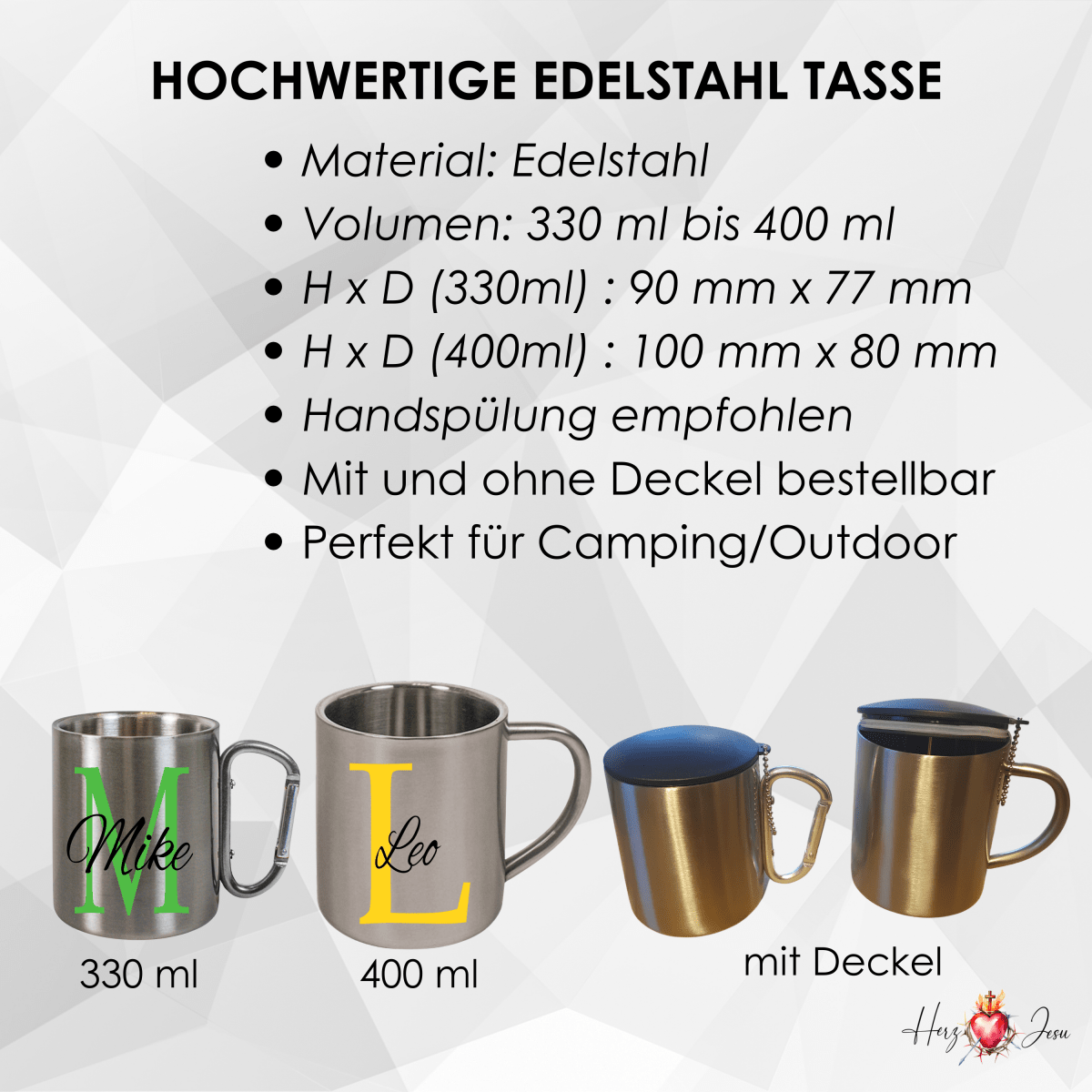 Personalisierte Edelstahl Tasse mit Namen Kaffeetasse Geschenkidee Camping Outdoor_004K - Herz Jesu