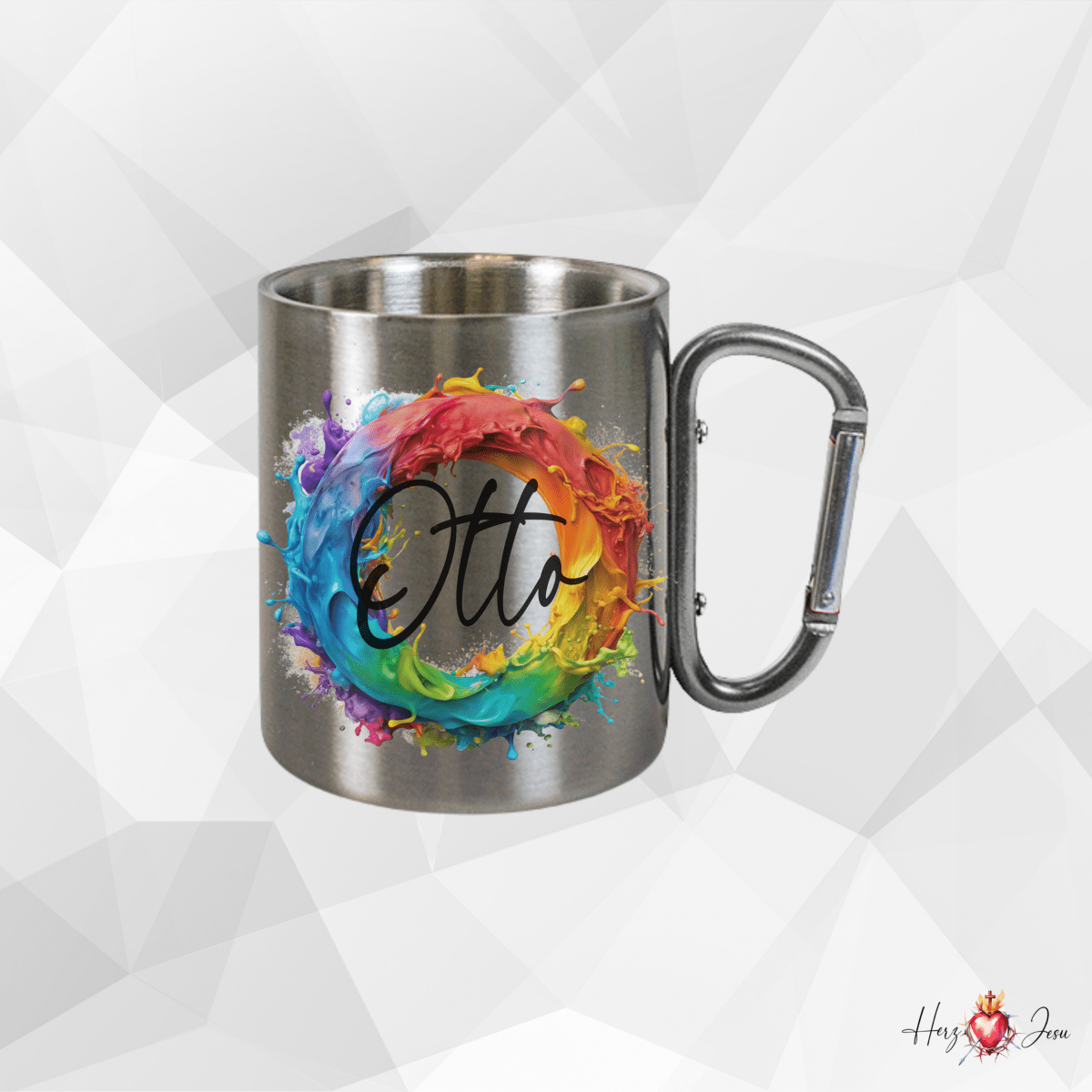 Personalisierte Edelstahl Tasse mit Namen Kaffeetasse Geschenkidee Camping Outdoor_008K - Herz Jesu