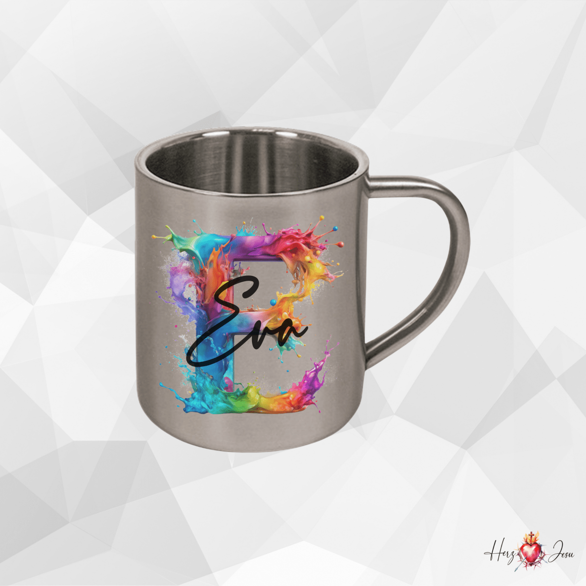 Personalisierte Edelstahl Tasse mit Namen Kaffeetasse Geschenkidee Camping Outdoor_008K - Herz Jesu