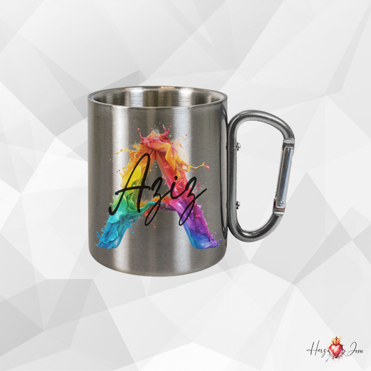 Personalisierte Edelstahl Tasse mit Namen Kaffeetasse Geschenkidee Camping Outdoor_008K - Herz Jesu