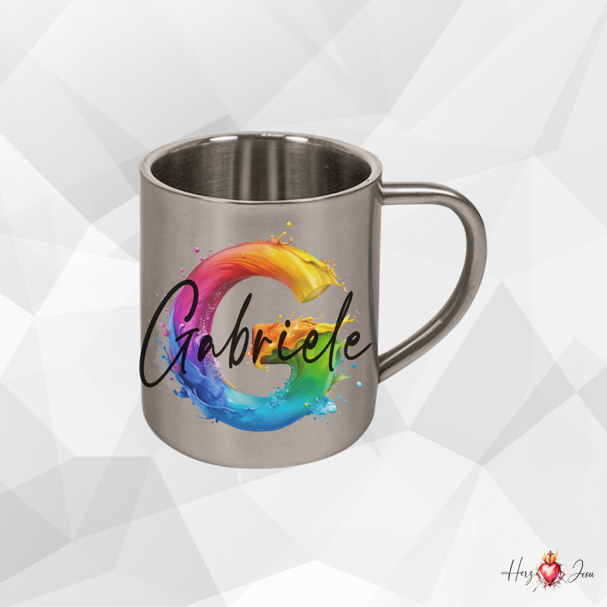 Personalisierte Edelstahl Tasse mit Namen Kaffeetasse Geschenkidee Camping Outdoor_008K - Herz Jesu