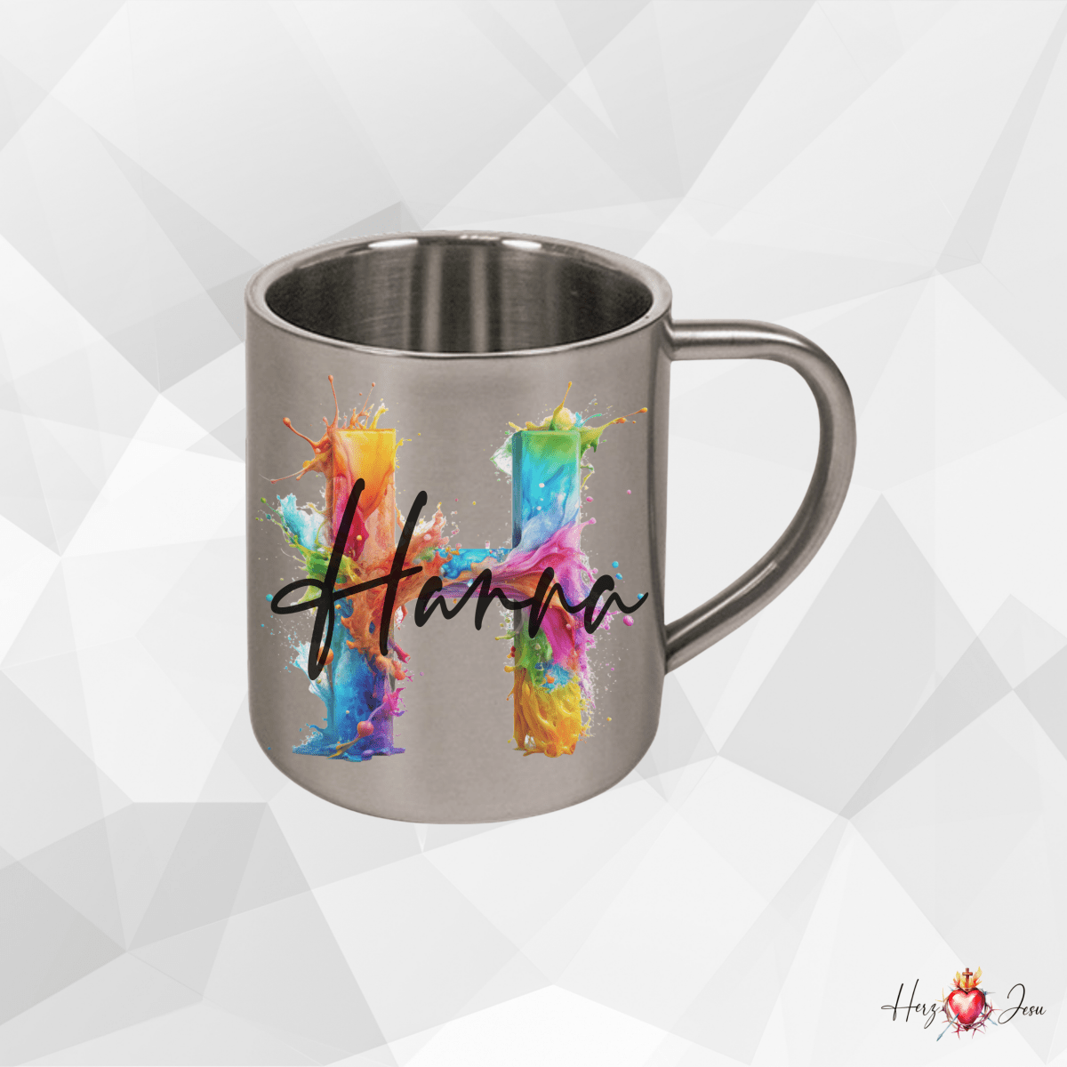 Personalisierte Edelstahl Tasse mit Namen Kaffeetasse Geschenkidee Camping Outdoor_008K - Herz Jesu