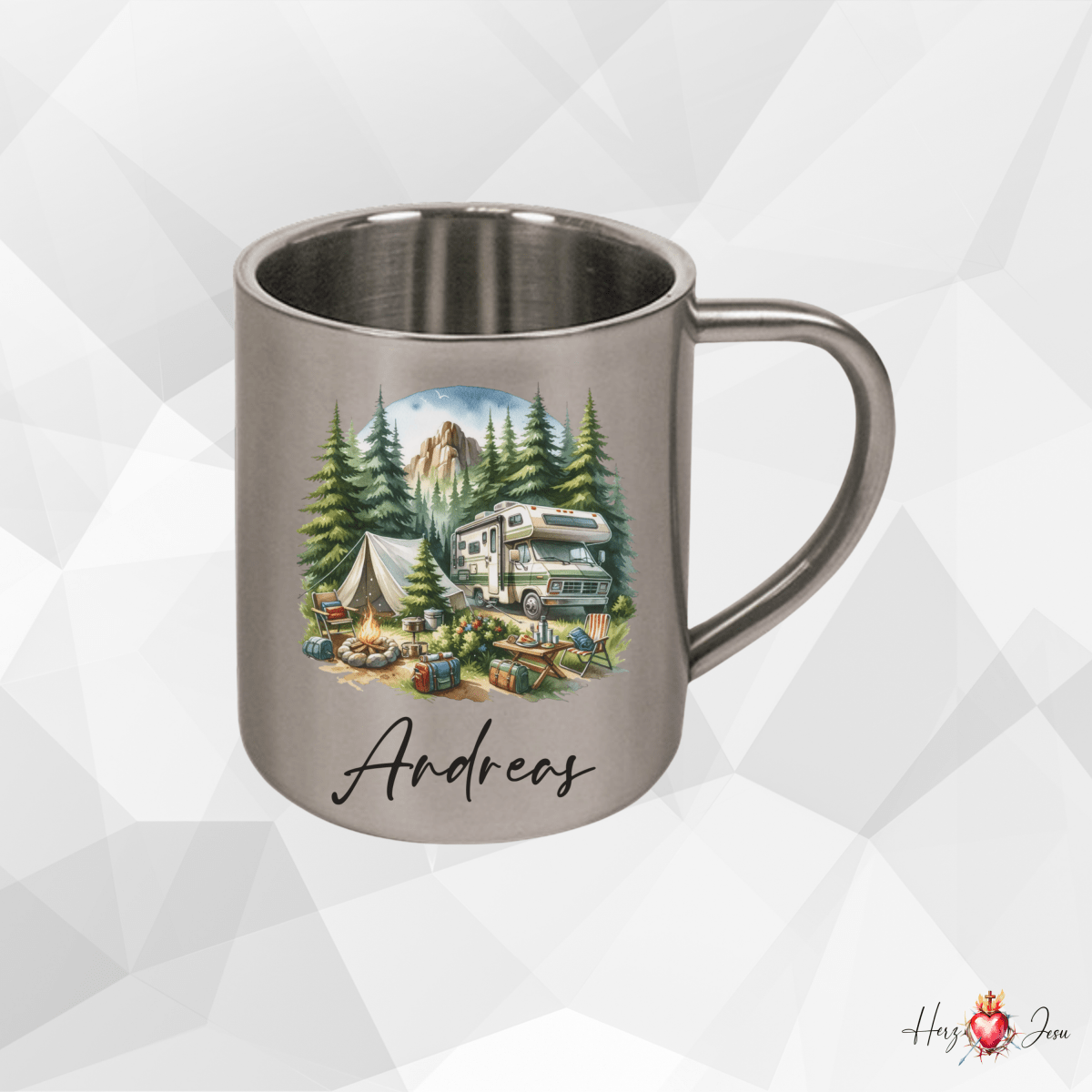 Personalisierte Edelstahl Tasse mit Namen Kaffeetasse Geschenkidee Camping Outdoor_009K - Herz Jesu