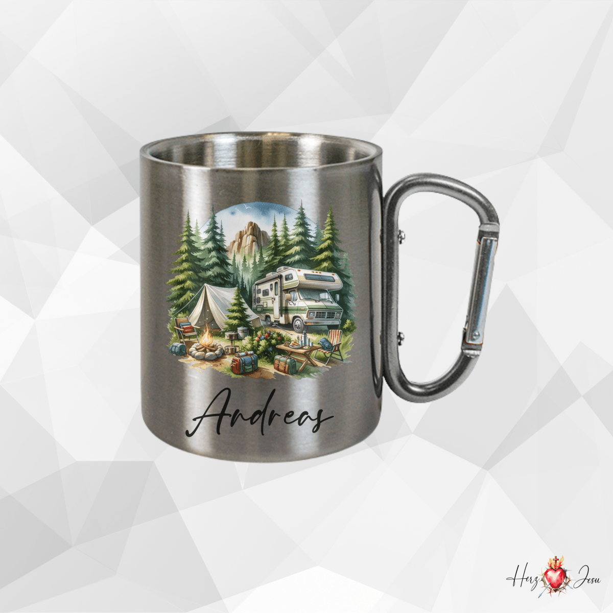 Personalisierte Edelstahl Tasse mit Namen Kaffeetasse Geschenkidee Camping Outdoor_009K - Herz Jesu