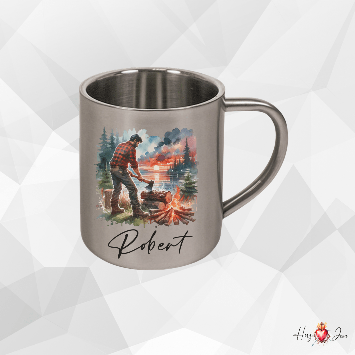 Personalisierte Edelstahl Tasse mit Namen Kaffeetasse Geschenkidee Camping Outdoor_009K - Herz Jesu