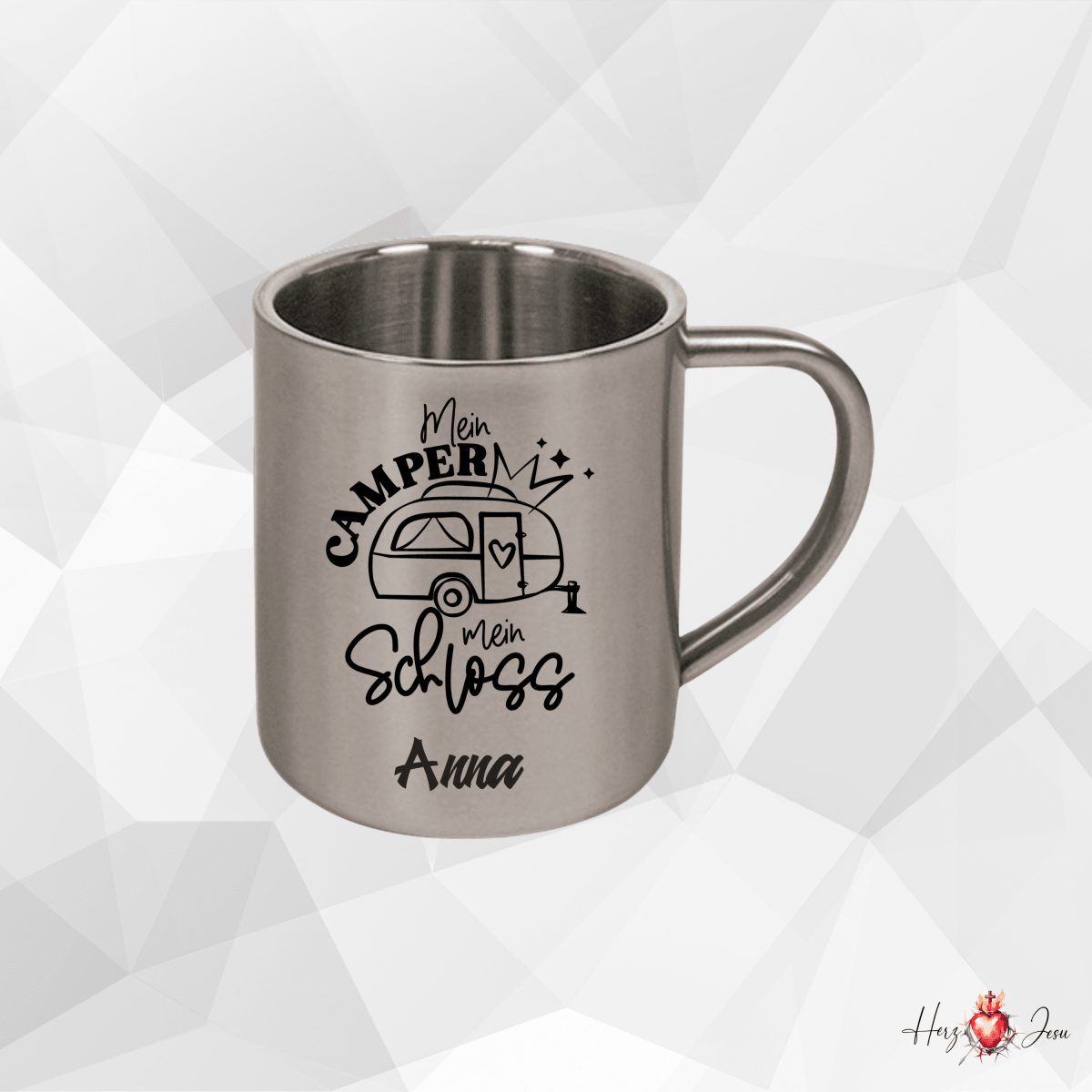 Personalisierte Edelstahl Tasse mit Namen Kaffeetasse Geschenkidee Camping Outdoor_012K - Herz Jesu