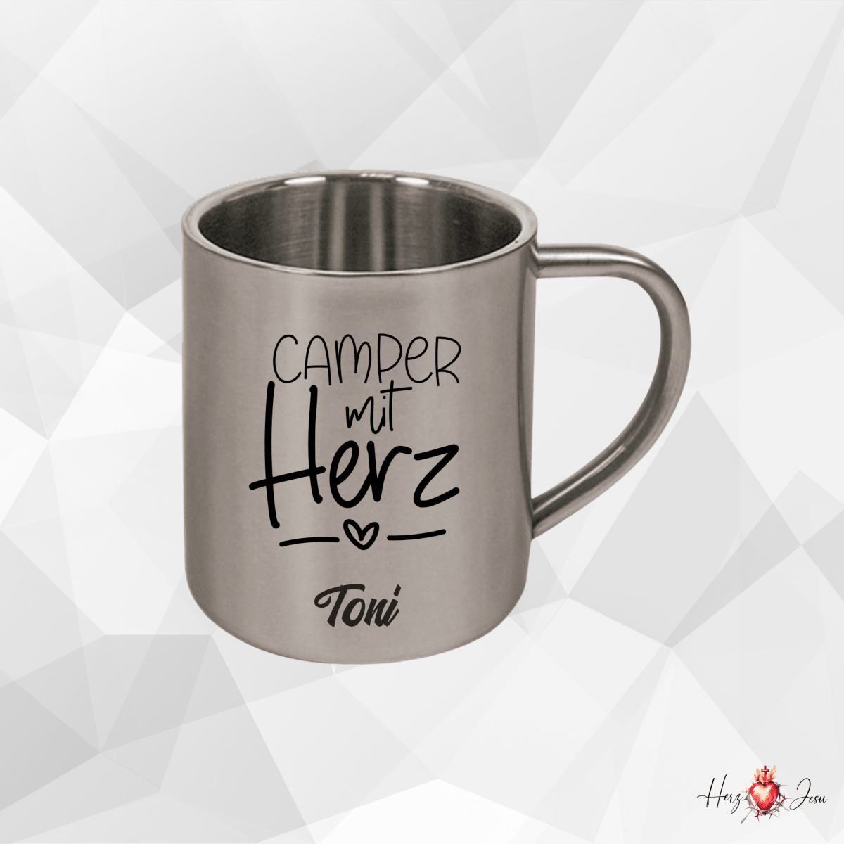 Personalisierte Edelstahl Tasse mit Namen Kaffeetasse Geschenkidee Camping Outdoor_012K - Herz Jesu