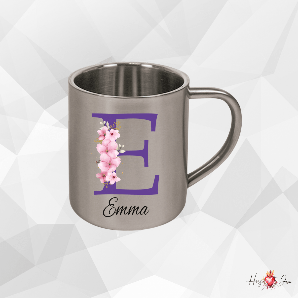 Personalisierte Edelstahl Tasse mit Namen Kaffeetasse Geschenkidee Camping Outdoor_013K - Herz Jesu
