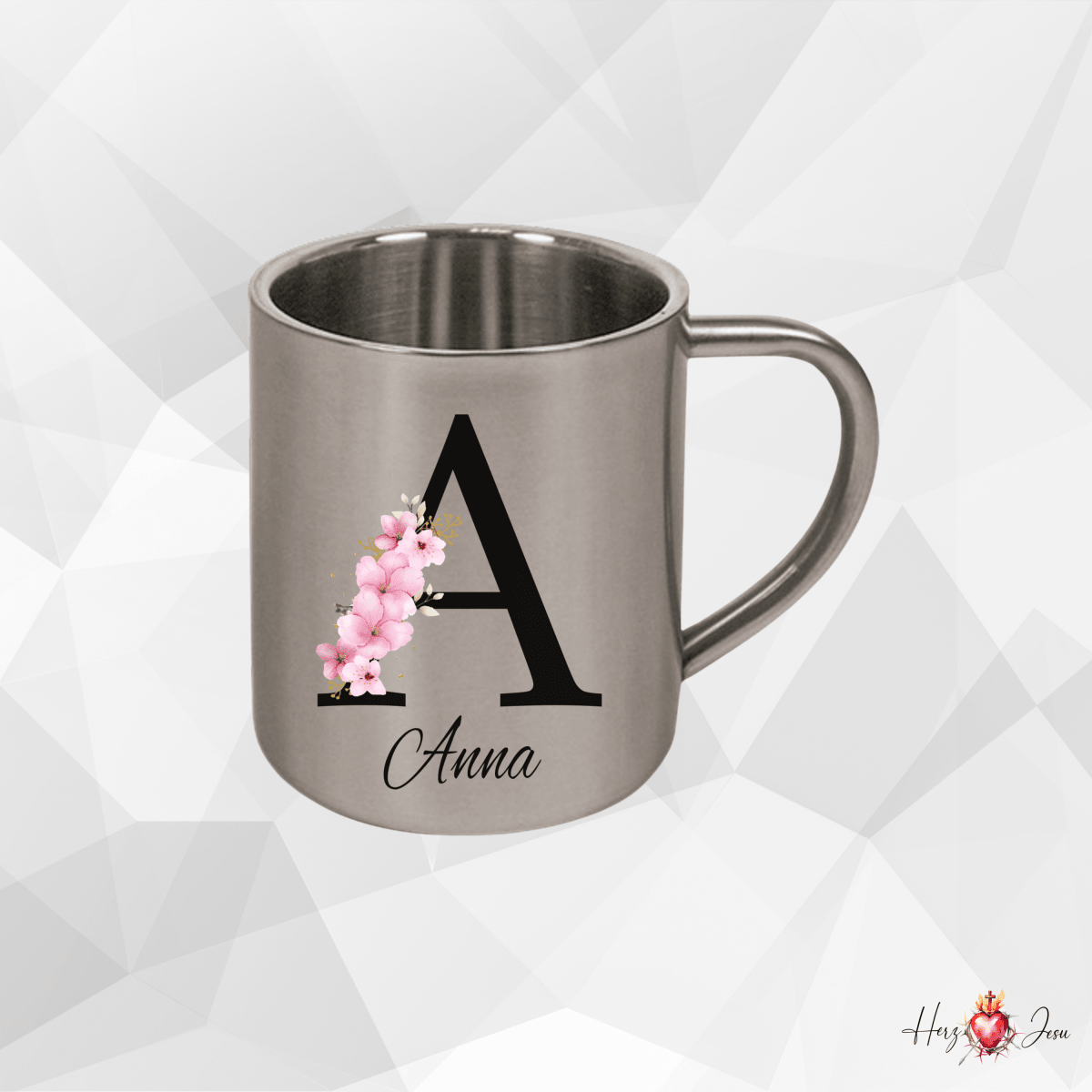 Personalisierte Edelstahl Tasse mit Namen Kaffeetasse Geschenkidee Camping Outdoor_013K - Herz Jesu