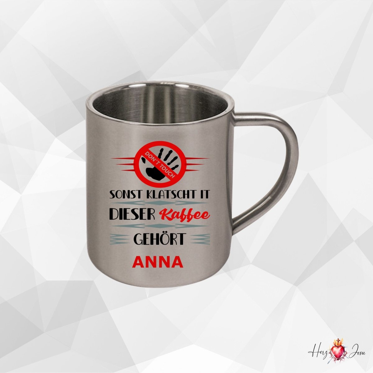 Personalisierte Edelstahl Tasse mit Namen Kaffeetasse Geschenkidee Camping Outdoor_015K - Herz Jesu