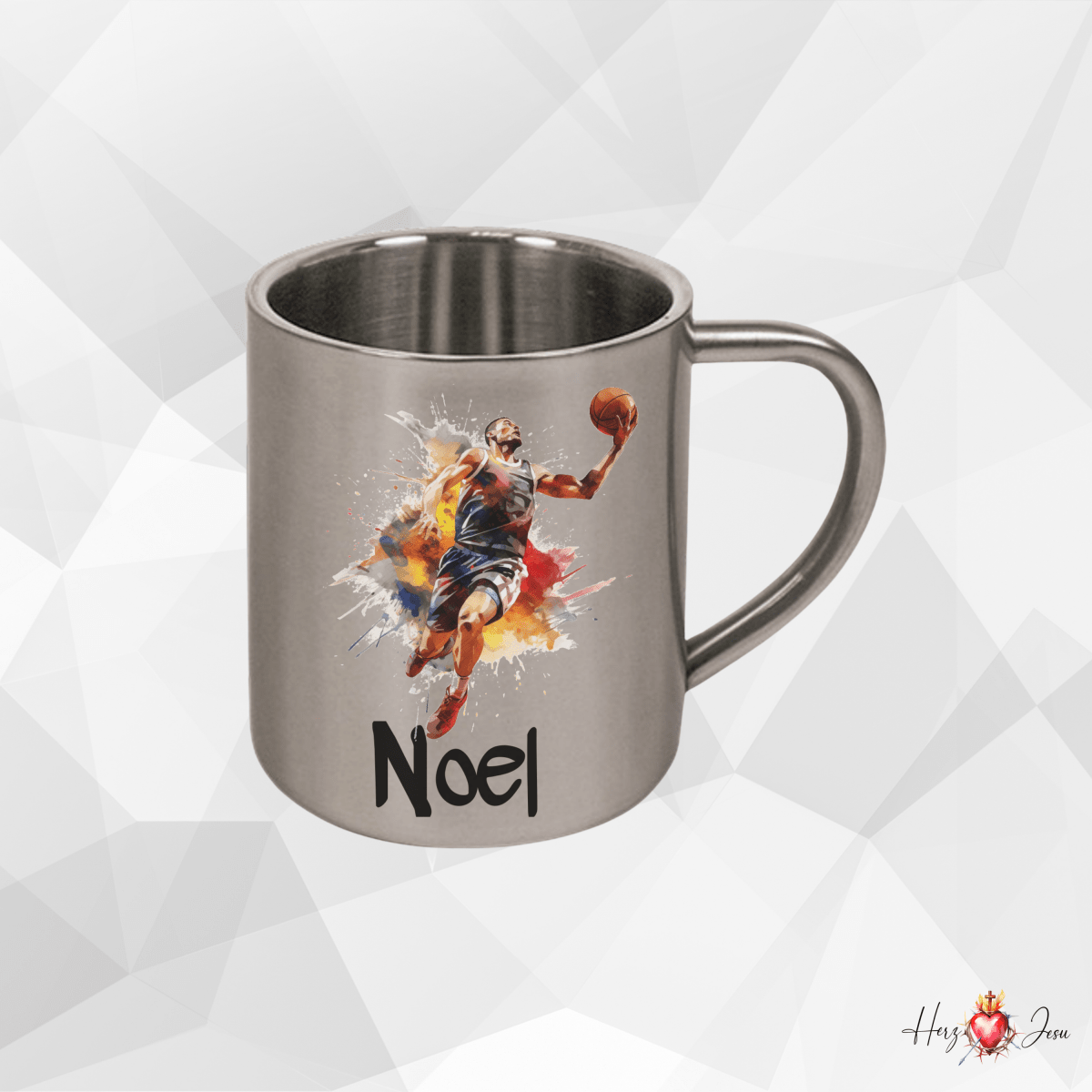 Personalisierte Edelstahl Tasse mit Namen Kaffeetasse Geschenkidee Camping Outdoor Basketball_010K - Herz Jesu