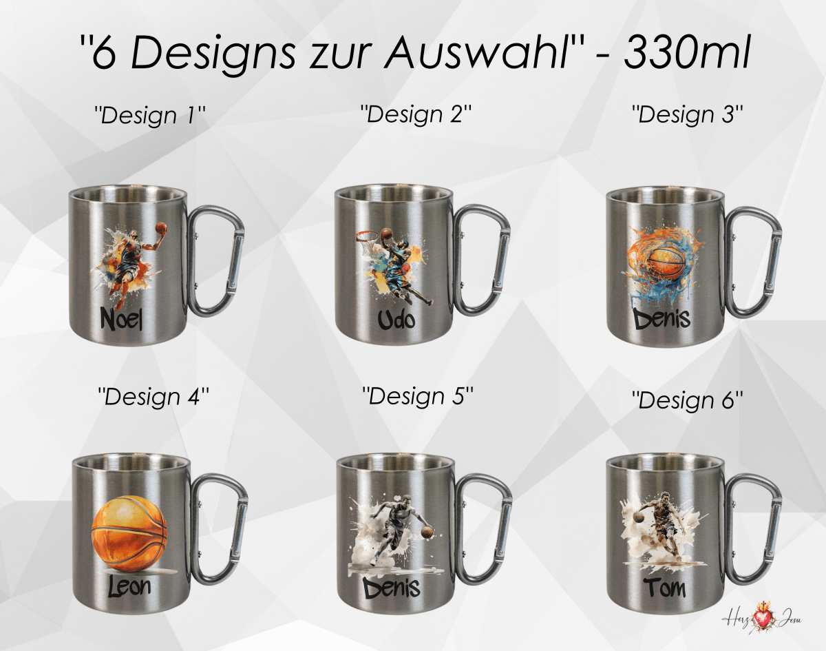 Personalisierte Edelstahl Tasse mit Namen Kaffeetasse Geschenkidee Camping Outdoor Basketball_010K - Herz Jesu