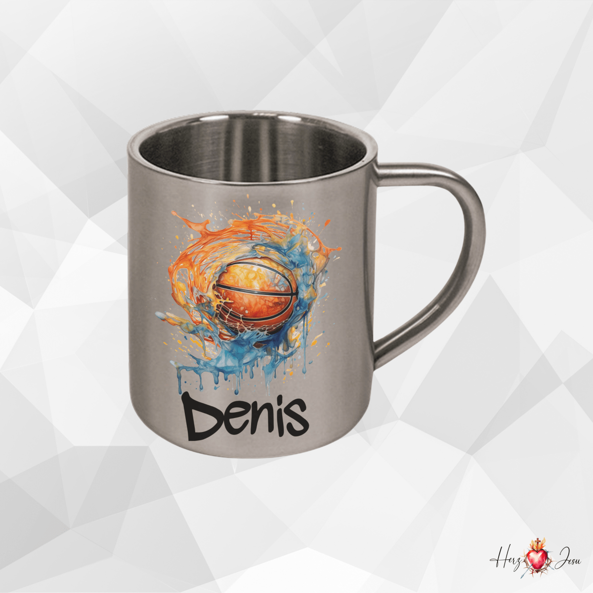 Personalisierte Edelstahl Tasse mit Namen Kaffeetasse Geschenkidee Camping Outdoor Basketball_010K - Herz Jesu
