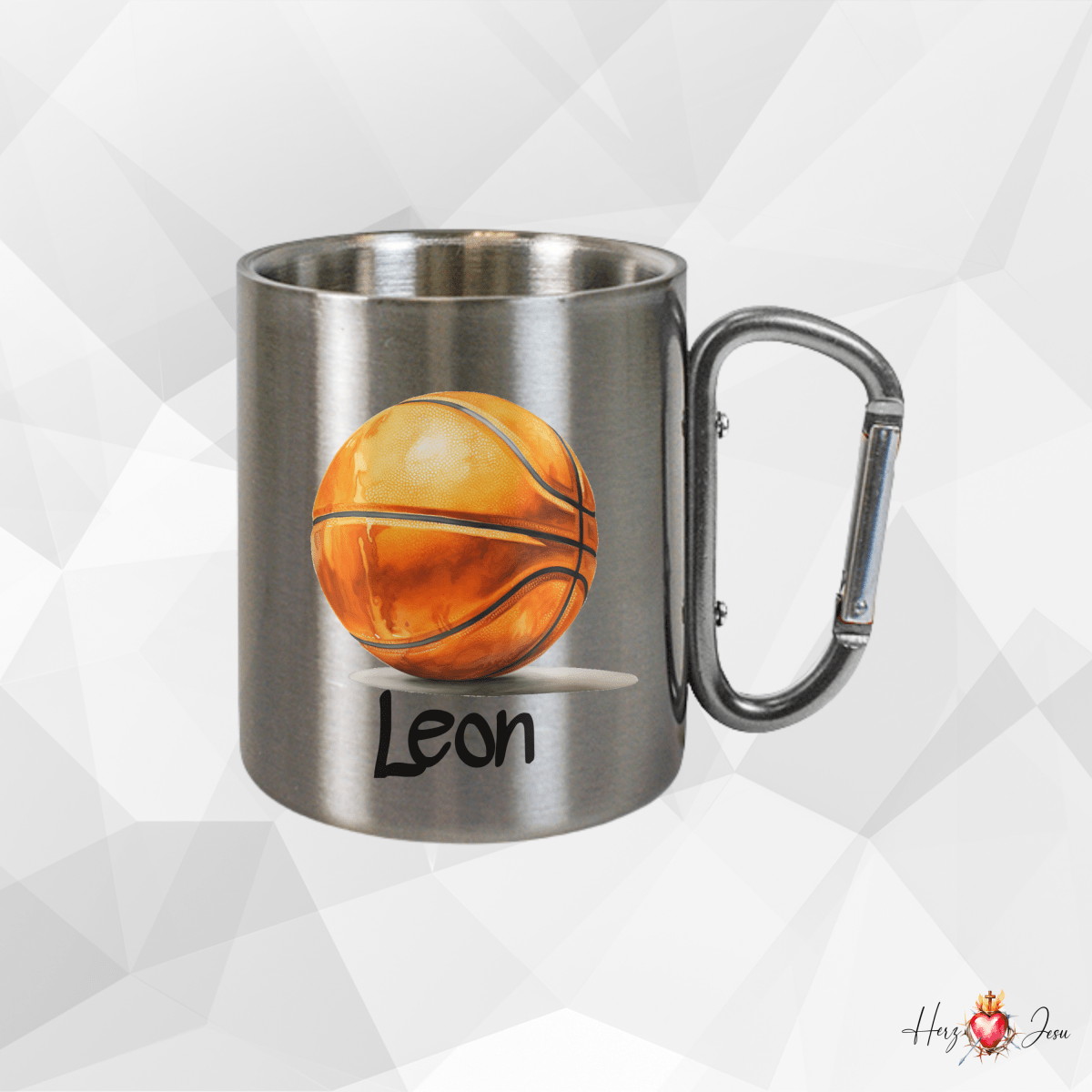 Personalisierte Edelstahl Tasse mit Namen Kaffeetasse Geschenkidee Camping Outdoor Basketball_010K - Herz Jesu