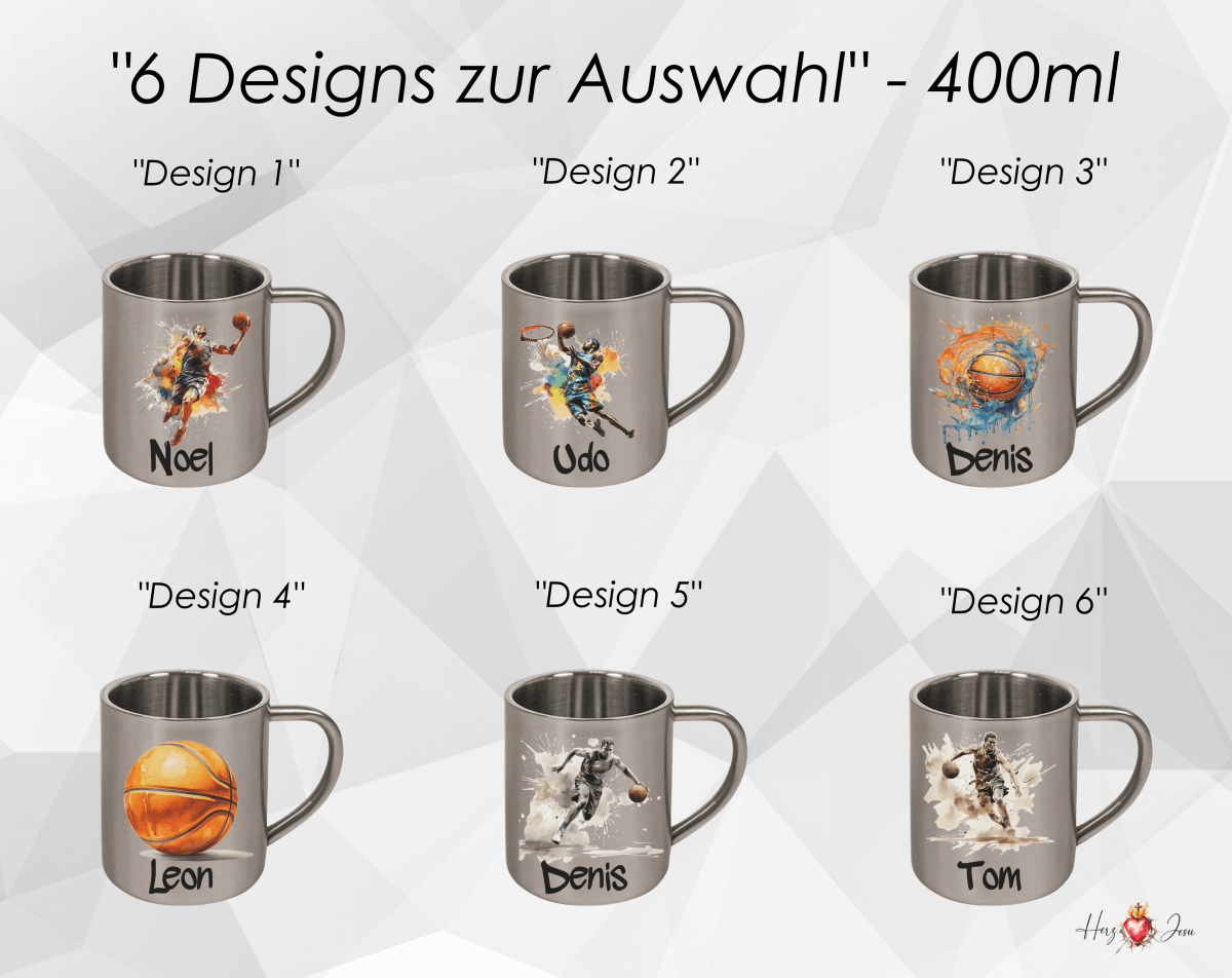 Personalisierte Edelstahl Tasse mit Namen Kaffeetasse Geschenkidee Camping Outdoor Basketball_010K - Herz Jesu