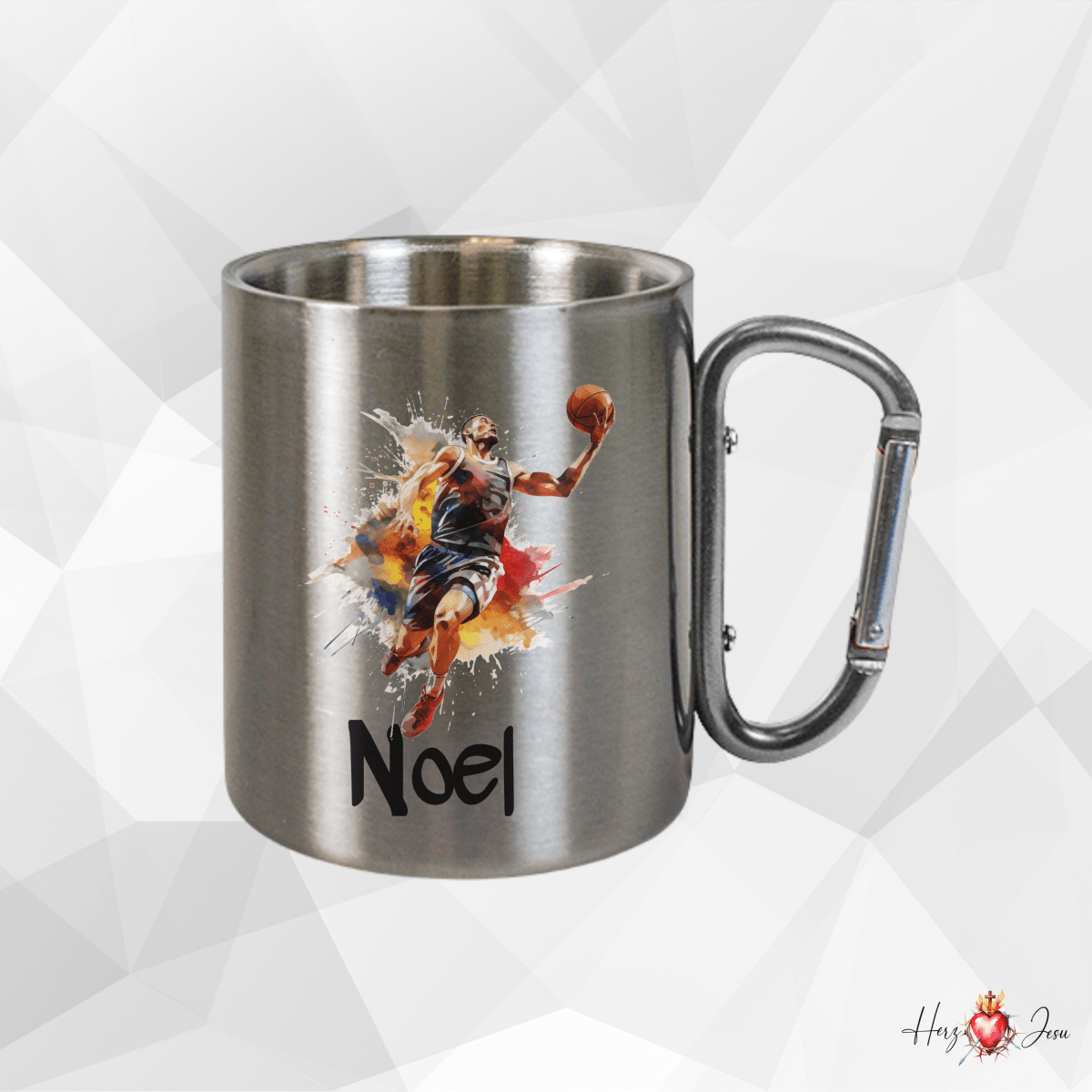 Personalisierte Edelstahl Tasse mit Namen Kaffeetasse Geschenkidee Camping Outdoor Basketball_010K - Herz Jesu