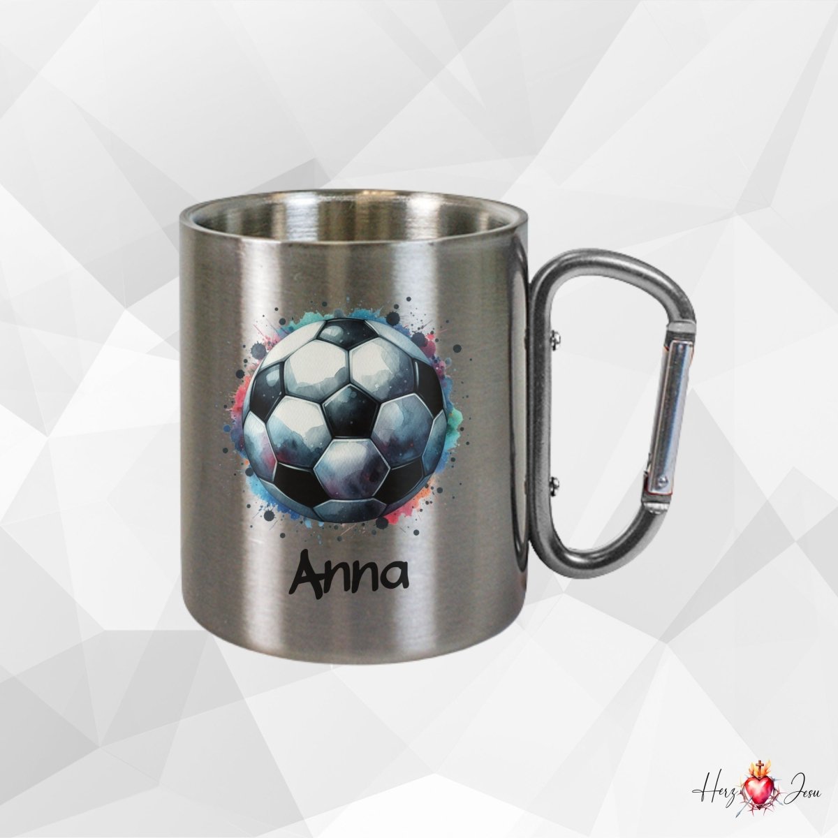 Personalisierte Edelstahl Tasse mit Namen Kaffeetasse Geschenkidee Camping Outdoor Fußball_014K - Herz Jesu