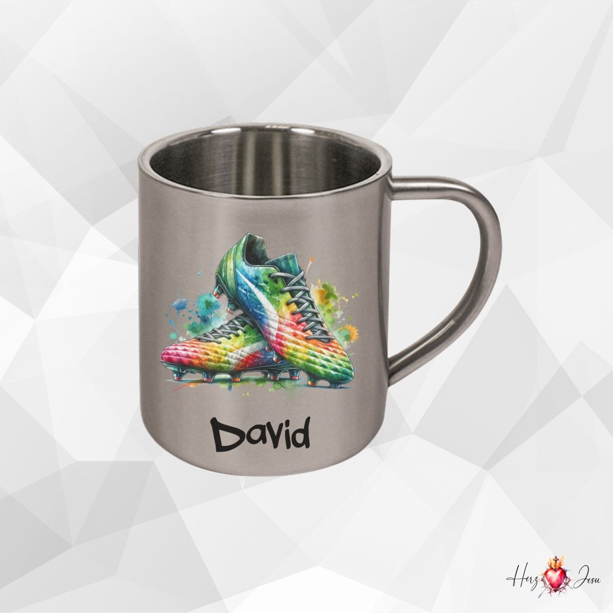 Personalisierte Edelstahl Tasse mit Namen Kaffeetasse Geschenkidee Camping Outdoor Fußball_014K - Herz Jesu