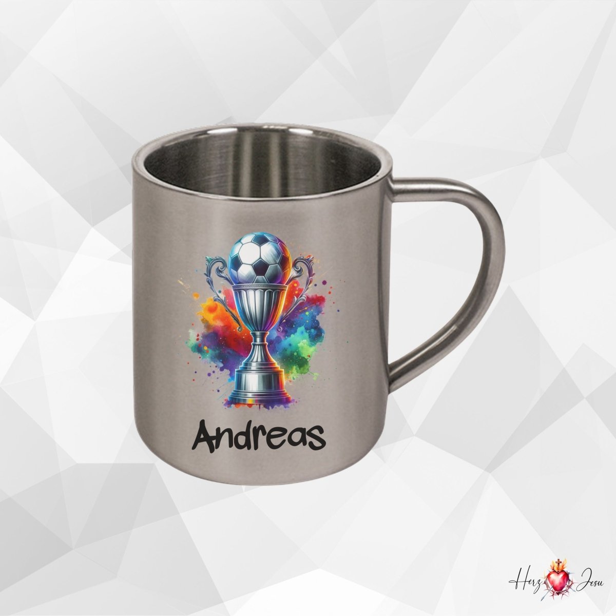 Personalisierte Edelstahl Tasse mit Namen Kaffeetasse Geschenkidee Camping Outdoor Fußball_014K - Herz Jesu