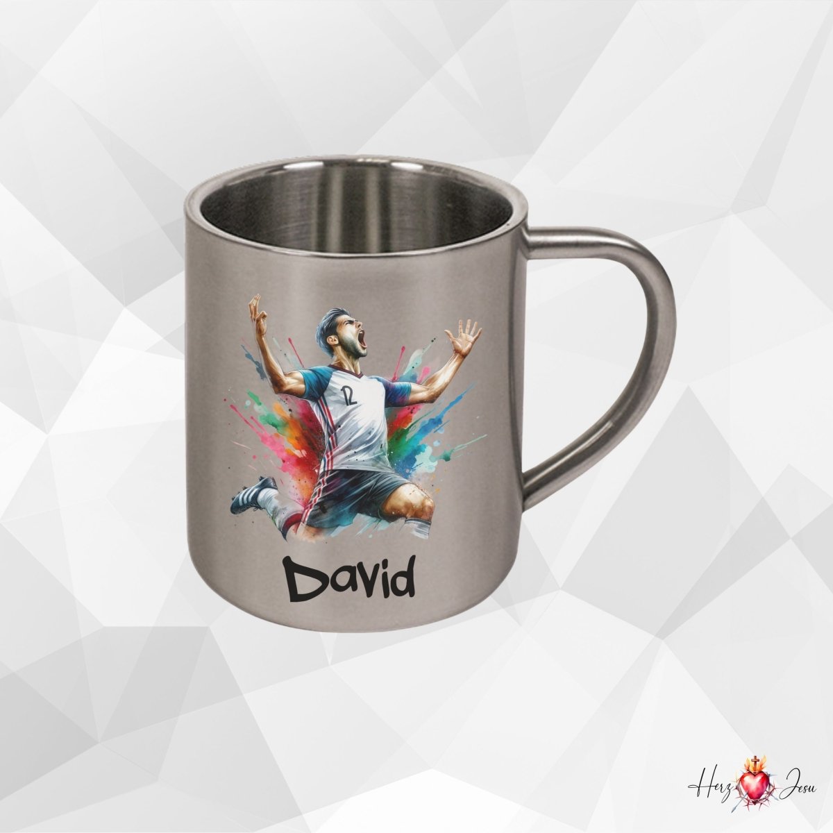 Personalisierte Edelstahl Tasse mit Namen Kaffeetasse Geschenkidee Camping Outdoor Fußball_014K - Herz Jesu