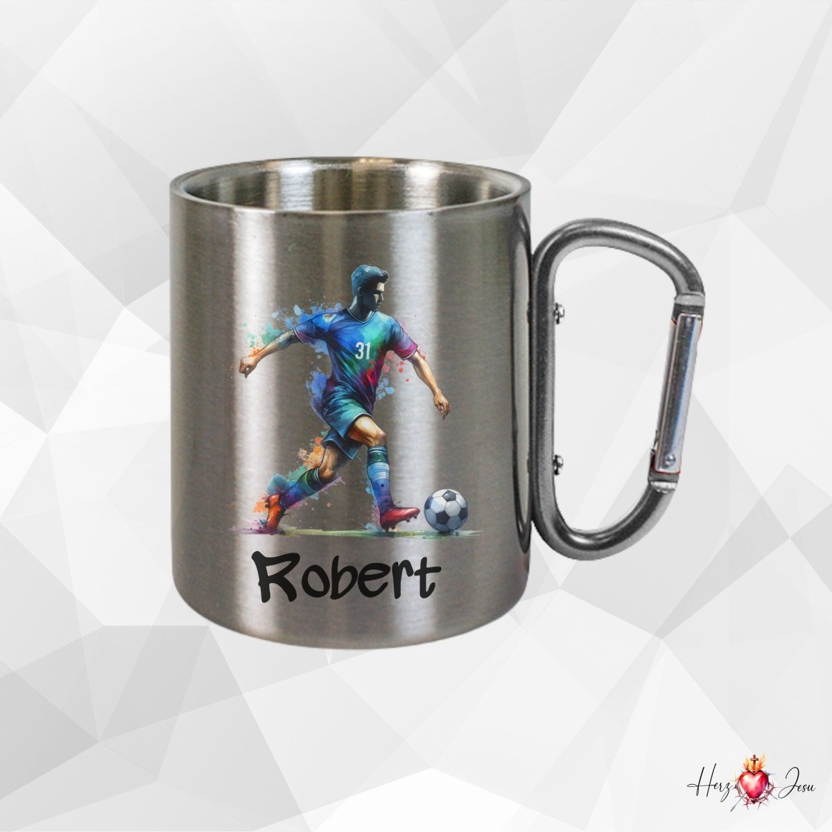 Personalisierte Edelstahl Tasse mit Namen Kaffeetasse Geschenkidee Camping Outdoor Fußball_014K - Herz Jesu
