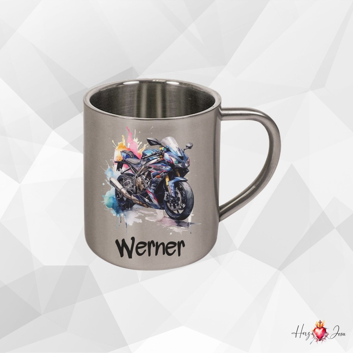 Personalisierte Edelstahl Tasse mit Namen Kaffeetasse Geschenkidee Camping Outdoor Motorrad_016K - Herz Jesu