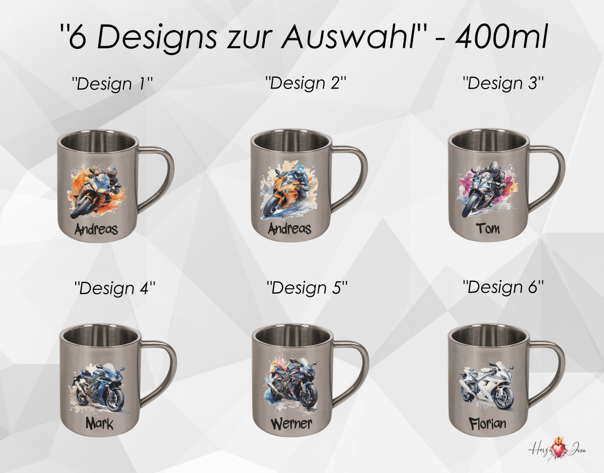 Personalisierte Edelstahl Tasse mit Namen Kaffeetasse Geschenkidee Camping Outdoor Motorrad_016K - Herz Jesu