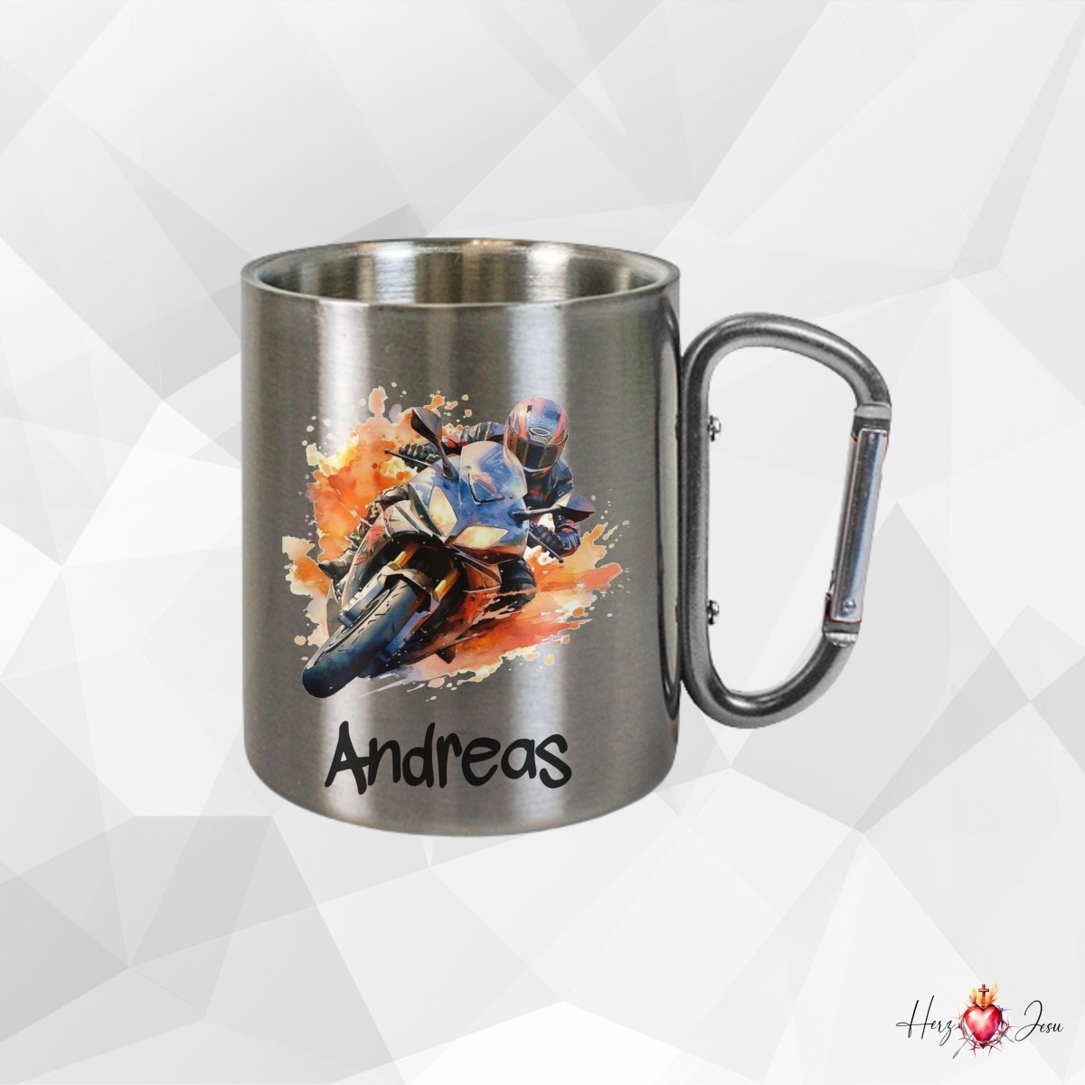 Personalisierte Edelstahl Tasse mit Namen Kaffeetasse Geschenkidee Camping Outdoor Motorrad_016K - Herz Jesu