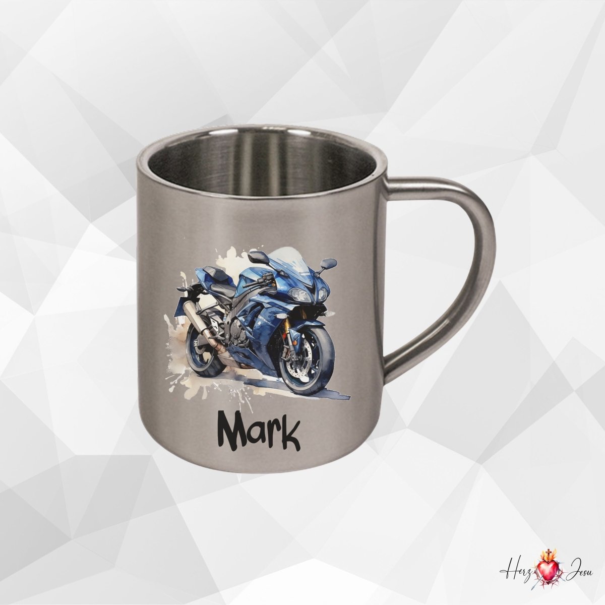 Personalisierte Edelstahl Tasse mit Namen Kaffeetasse Geschenkidee Camping Outdoor Motorrad_016K - Herz Jesu