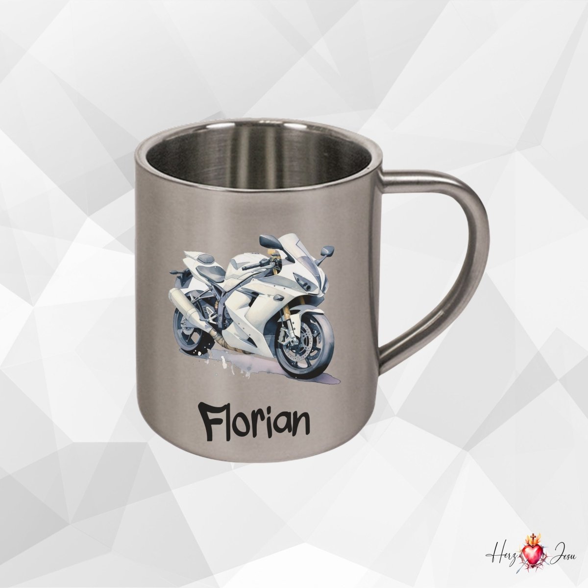 Personalisierte Edelstahl Tasse mit Namen Kaffeetasse Geschenkidee Camping Outdoor Motorrad_016K - Herz Jesu