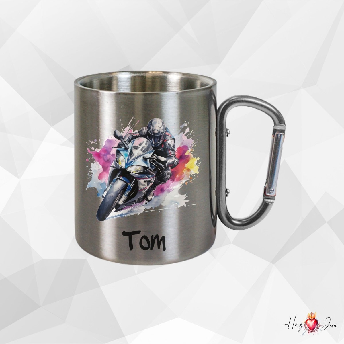 Personalisierte Edelstahl Tasse mit Namen Kaffeetasse Geschenkidee Camping Outdoor Motorrad_016K - Herz Jesu