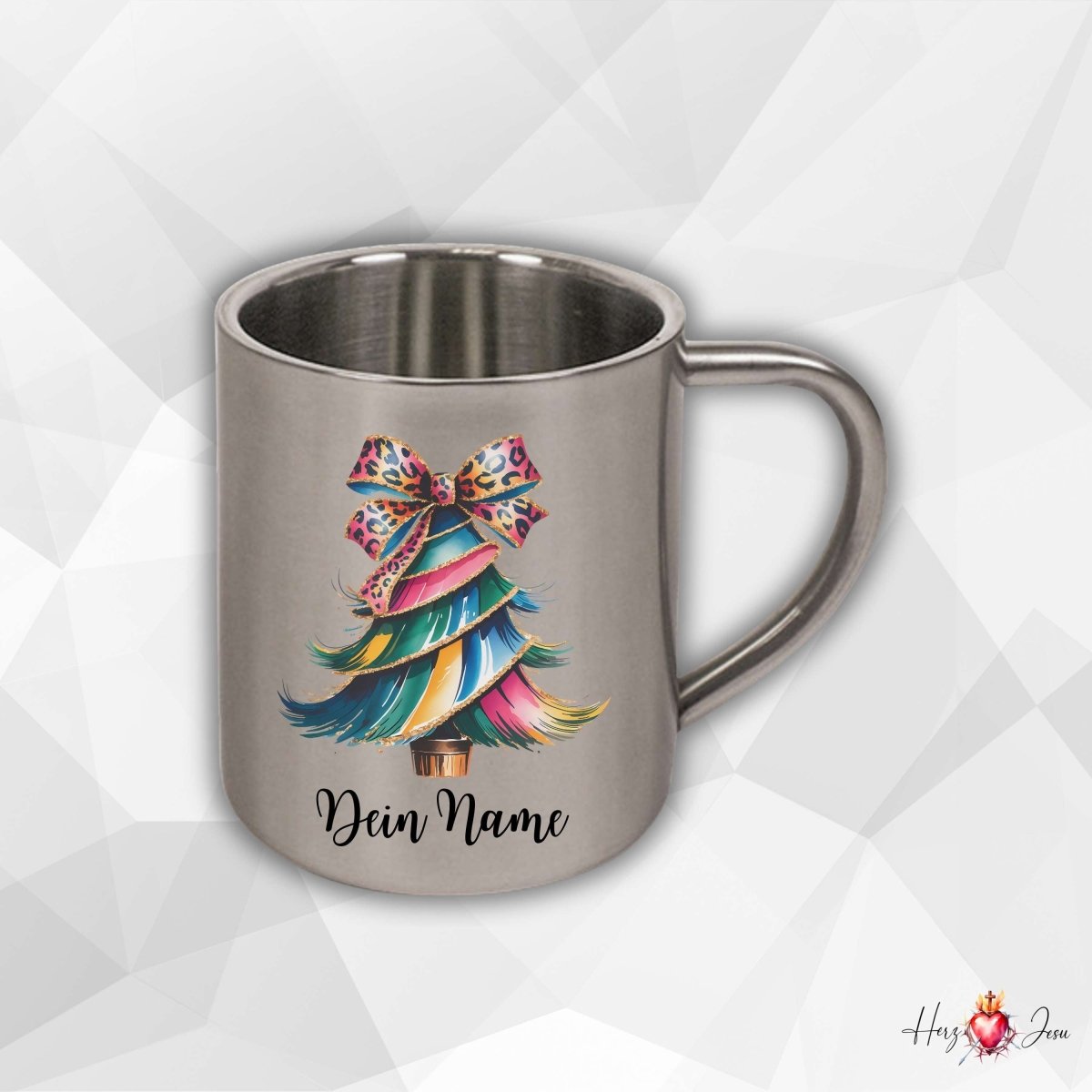 Personalisierte Edelstahl Tasse mit Namen Kaffeetasse Geschenkidee Camping Weihnachtsmotiv_019K - Herz Jesu
