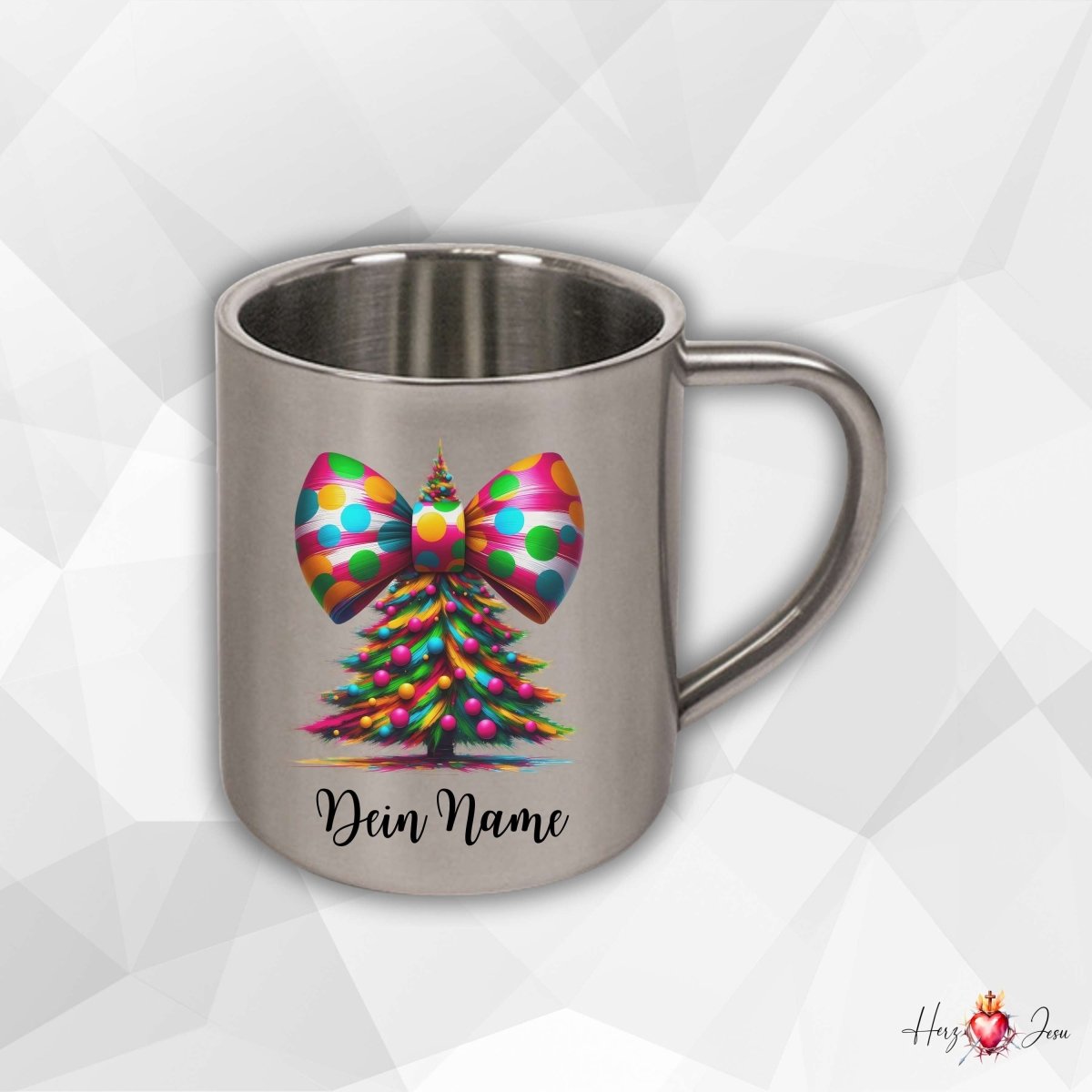 Personalisierte Edelstahl Tasse mit Namen Kaffeetasse Geschenkidee Camping Weihnachtsmotiv_019K - Herz Jesu
