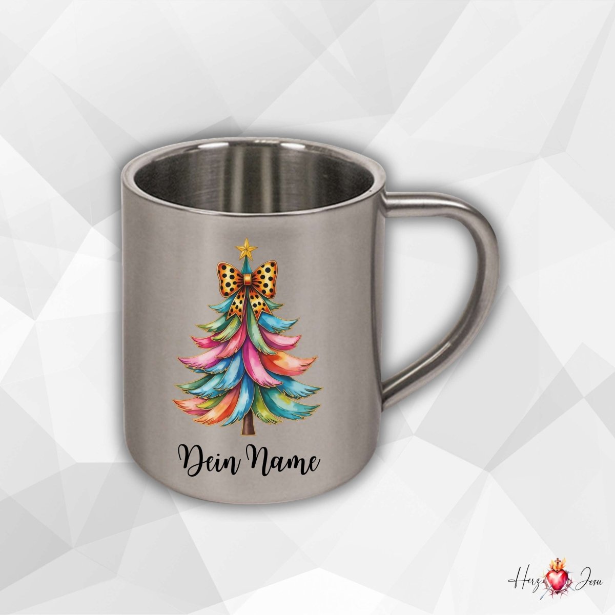 Personalisierte Edelstahl Tasse mit Namen Kaffeetasse Geschenkidee Camping Weihnachtsmotiv_019K - Herz Jesu