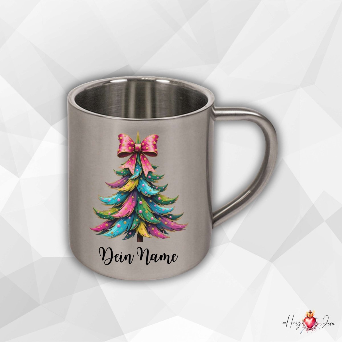Personalisierte Edelstahl Tasse mit Namen Kaffeetasse Geschenkidee Camping Weihnachtsmotiv_019K - Herz Jesu