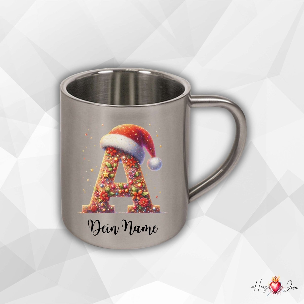 Personalisierte Edelstahl Tasse mit Namen Kaffeetasse Geschenkidee Camping Weihnachtsmotiv_020K - Herz Jesu