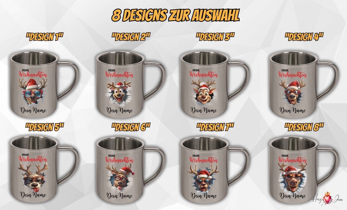 Personalisierte Edelstahl Tasse mit Namen Kaffeetasse Geschenkidee Camping Weihnachtsmotiv 3D Rentier Motiv_021K - Herz Jesu