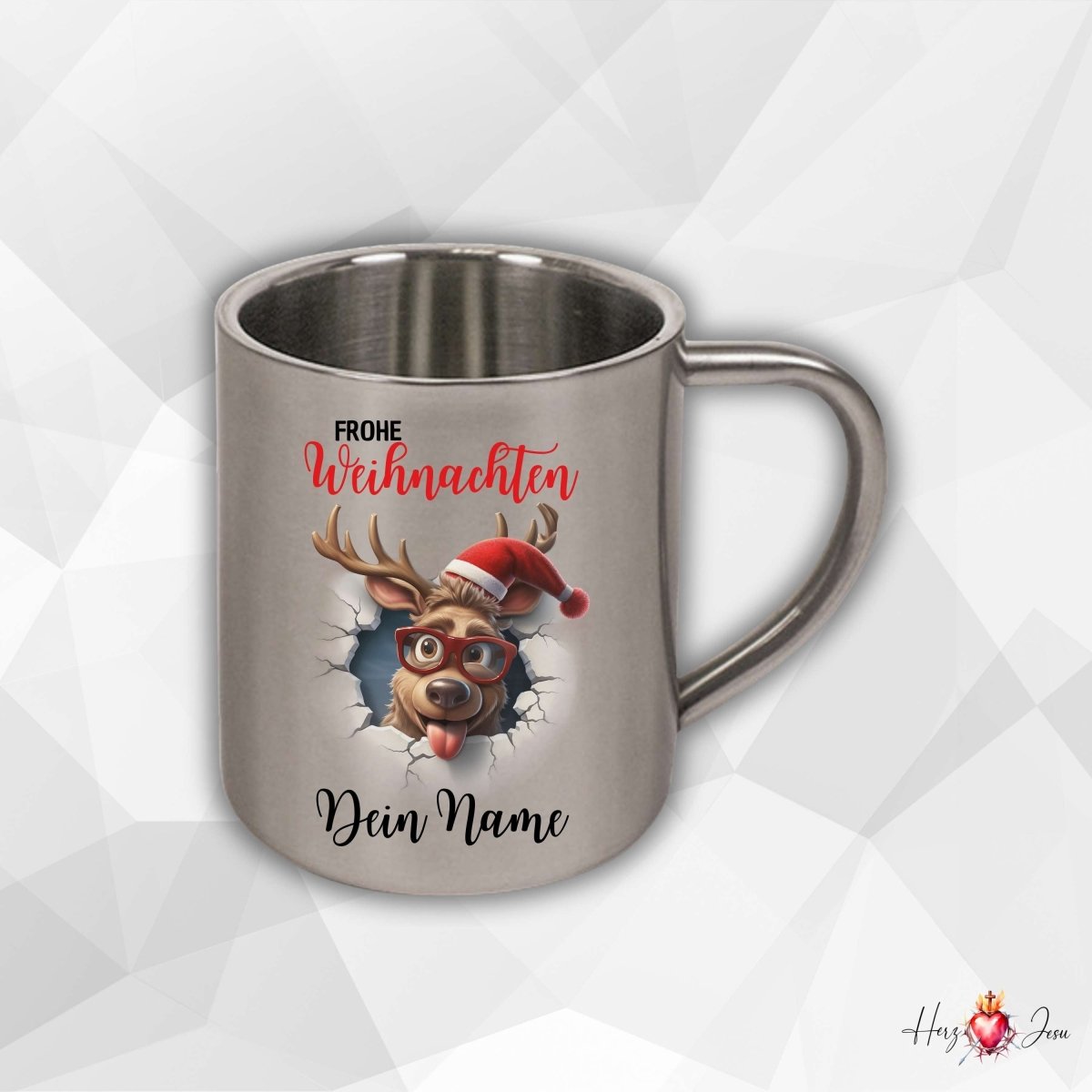 Personalisierte Edelstahl Tasse mit Namen Kaffeetasse Geschenkidee Camping Weihnachtsmotiv 3D Rentier Motiv_021K - Herz Jesu
