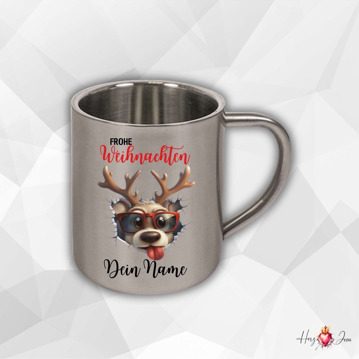 Personalisierte Edelstahl Tasse mit Namen Kaffeetasse Geschenkidee Camping Weihnachtsmotiv 3D Rentier Motiv_021K - Herz Jesu