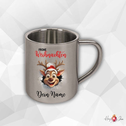 Personalisierte Edelstahl Tasse mit Namen Kaffeetasse Geschenkidee Camping Weihnachtsmotiv 3D Rentier Motiv_021K - Herz Jesu