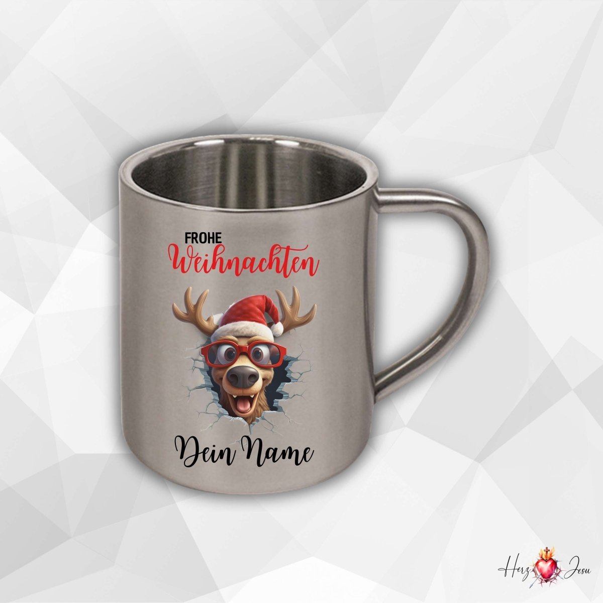 Personalisierte Edelstahl Tasse mit Namen Kaffeetasse Geschenkidee Camping Weihnachtsmotiv 3D Rentier Motiv_021K - Herz Jesu