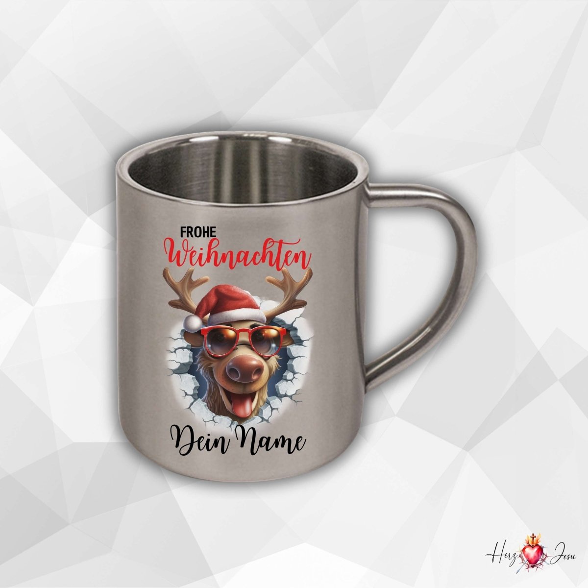 Personalisierte Edelstahl Tasse mit Namen Kaffeetasse Geschenkidee Camping Weihnachtsmotiv 3D Rentier Motiv_021K - Herz Jesu
