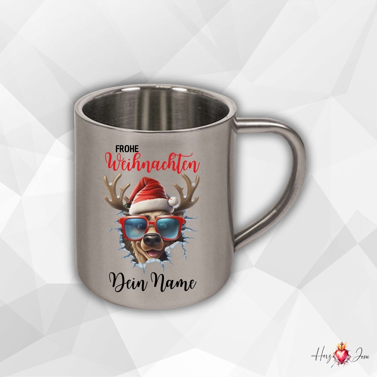 Personalisierte Edelstahl Tasse mit Namen Kaffeetasse Geschenkidee Camping Weihnachtsmotiv 3D Rentier Motiv_021K - Herz Jesu