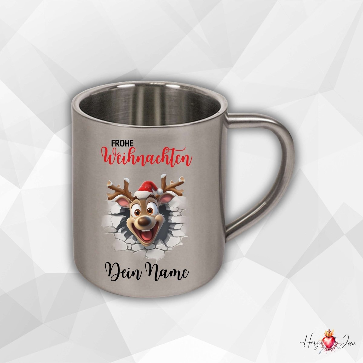 Personalisierte Edelstahl Tasse mit Namen Kaffeetasse Geschenkidee Camping Weihnachtsmotiv 3D Rentier Motiv_021K - Herz Jesu