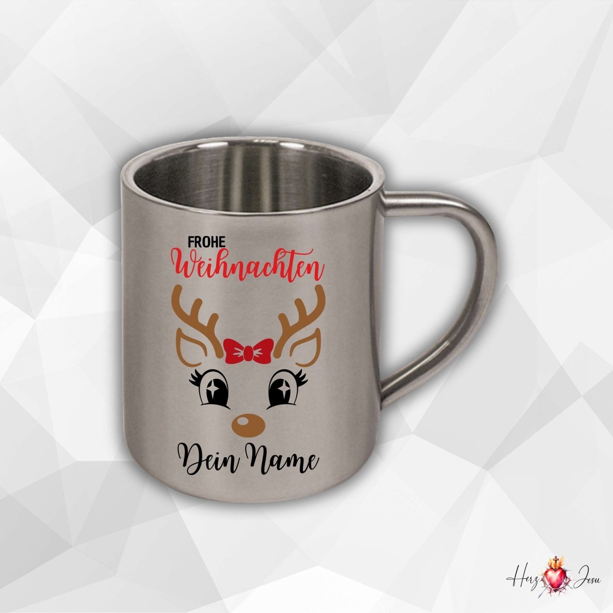 Personalisierte Edelstahl Tasse mit Namen Kaffeetasse Geschenkidee Camping Weihnachtsmotiv Rentier Motiv_022K - Herz Jesu