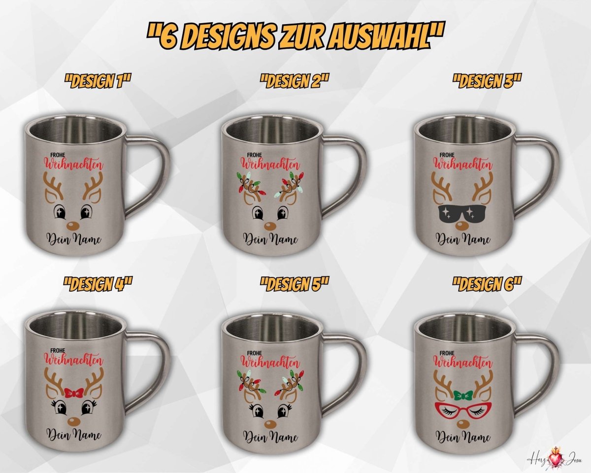 Personalisierte Edelstahl Tasse mit Namen Kaffeetasse Geschenkidee Camping Weihnachtsmotiv Rentier Motiv_022K - Herz Jesu